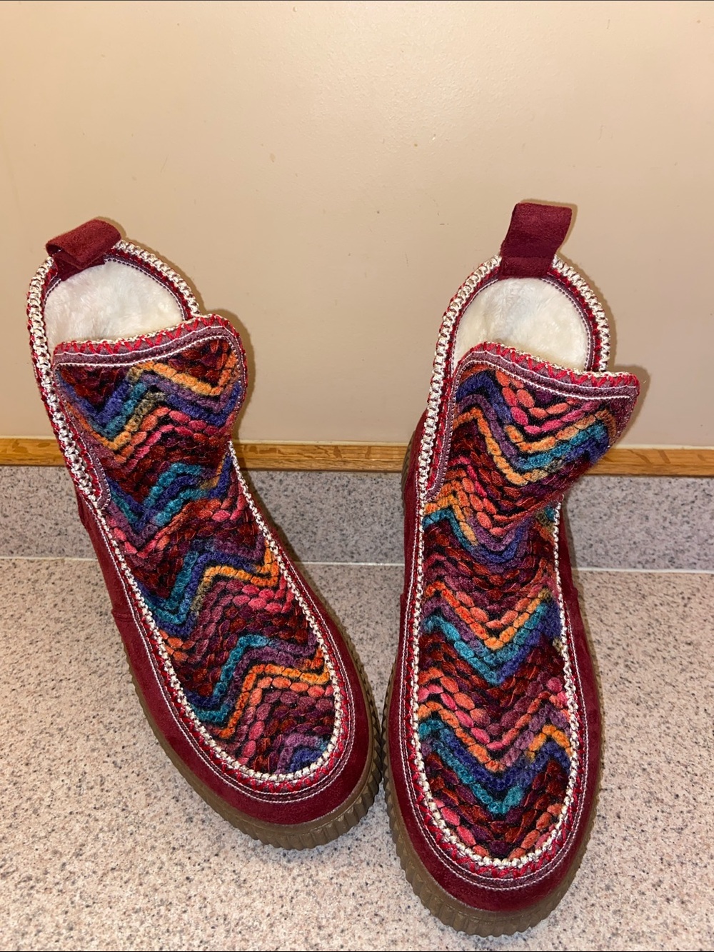 Wanted "Kimmie" Slip-On Platform Cozy Boot in Burgundy with Chevron pattern